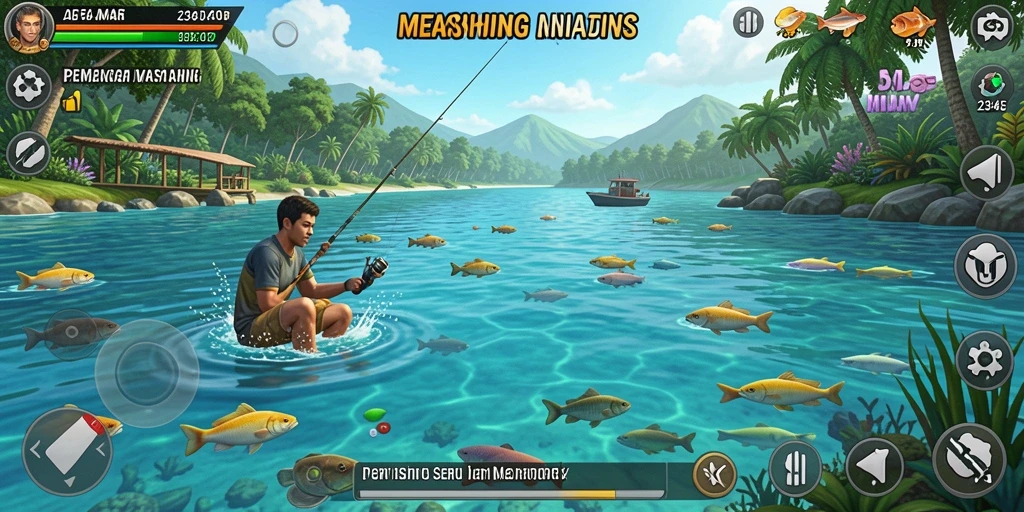 Tampilan permainan 234E dengan berbagai lokasi memancing dan ikan beragam.
