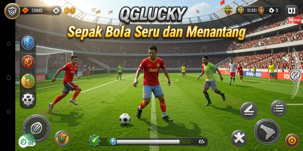 Screenshot QGLUCKY menunjukkan aksi seru di lapangan sepak bola.