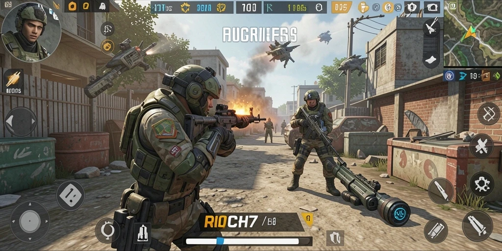 Tangkapan layar gameplay RICH7 menampilkan aksi menegangkan di medan perang.